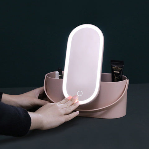 Travel Portable Makeup Organizer Box With Led Light Mirror